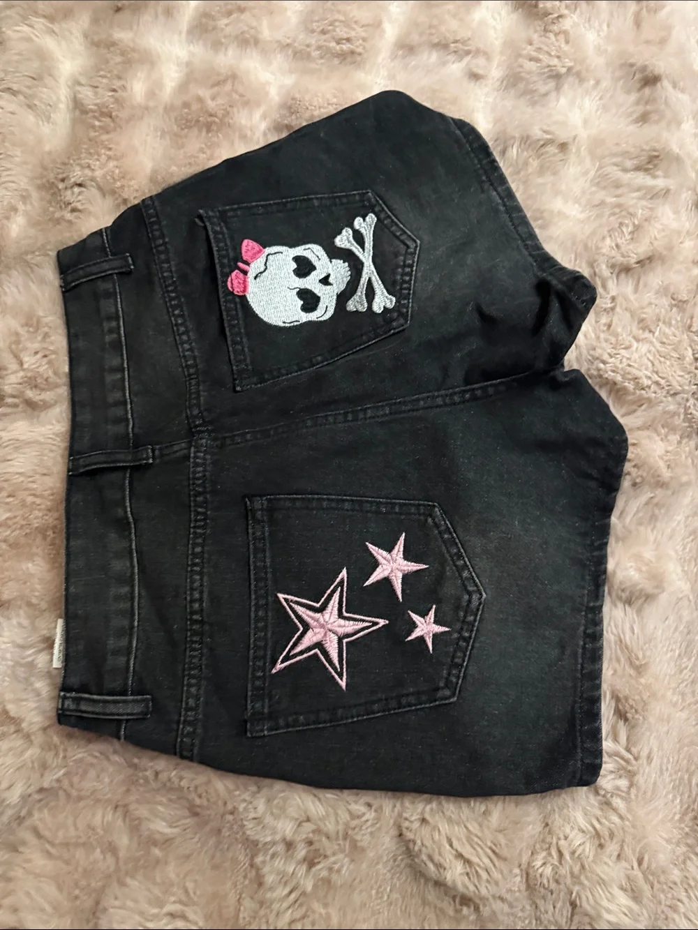 Girls' Black Denim Shorts with Pink Star & Skull Pockets